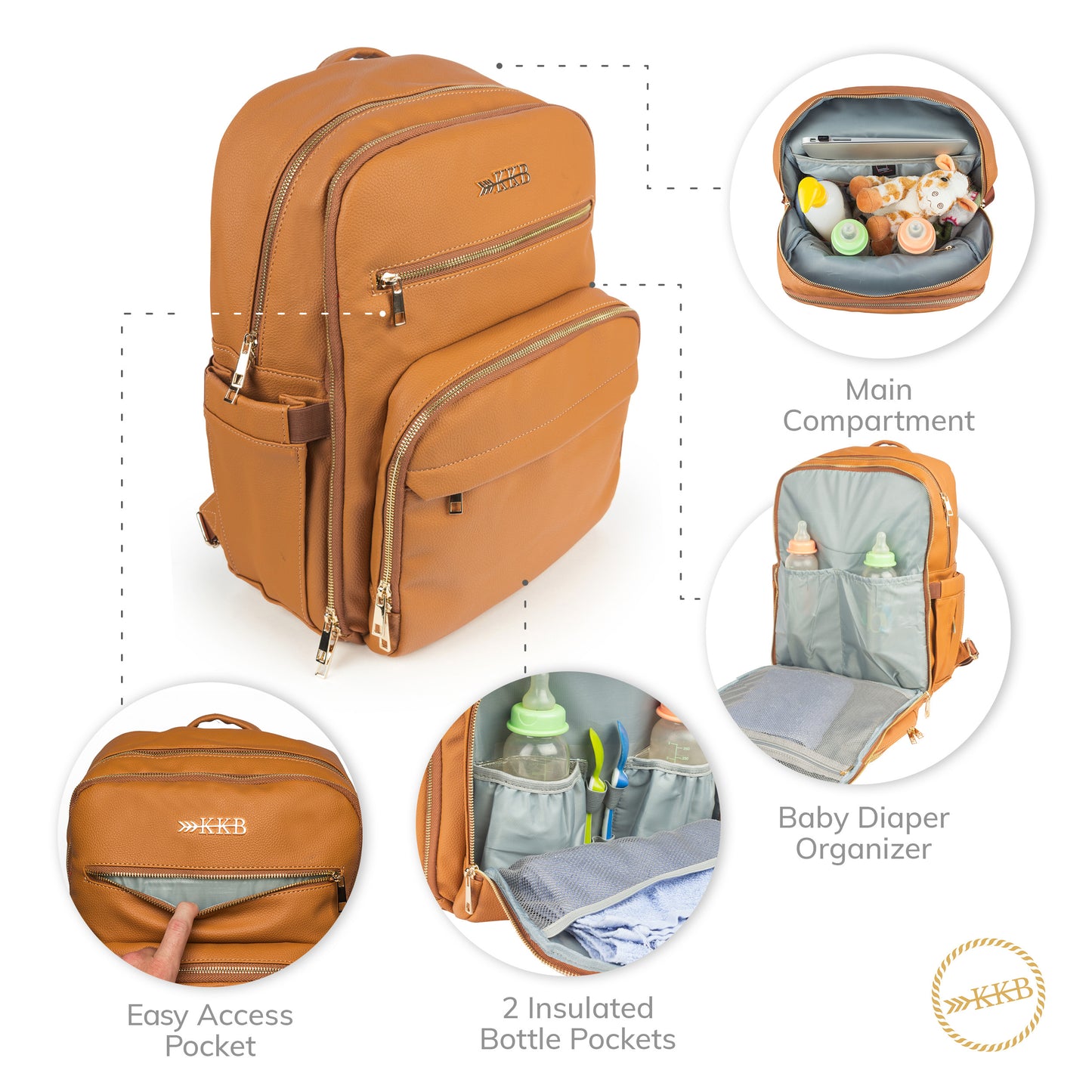 KKB Vegan Leather Diaper Bag Backpack (Camel)