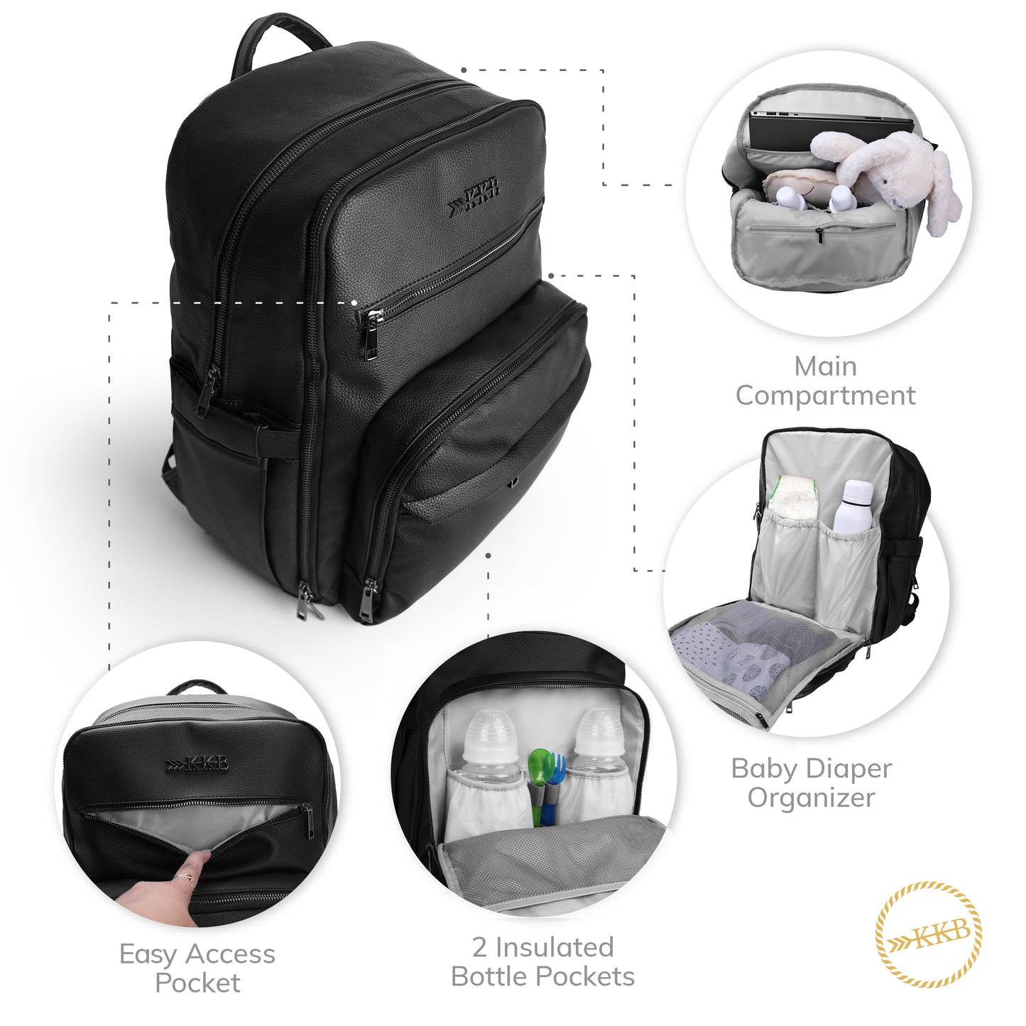 KKB Vegan Leather Diaper Bag Backpack (Blackout)