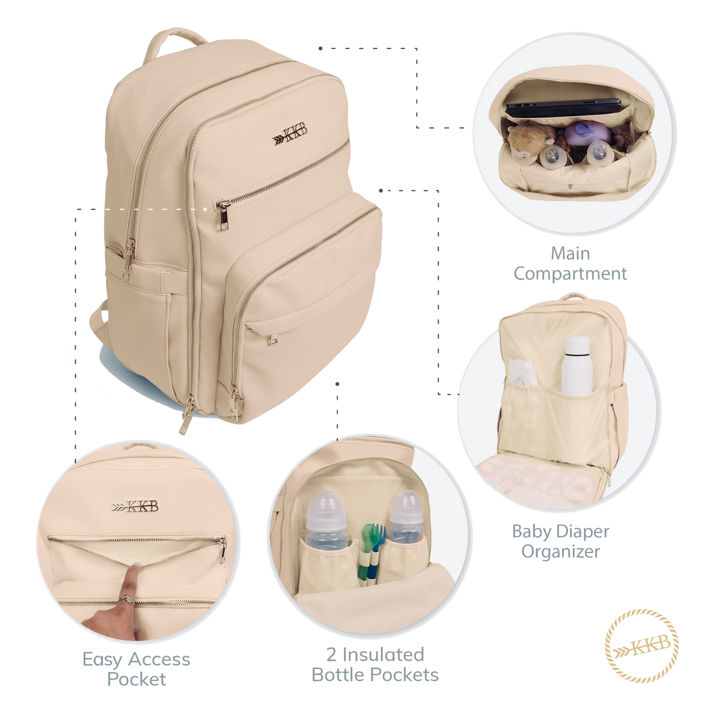 KKB Vegan Leather Diaper Bag Backpack (Cream)