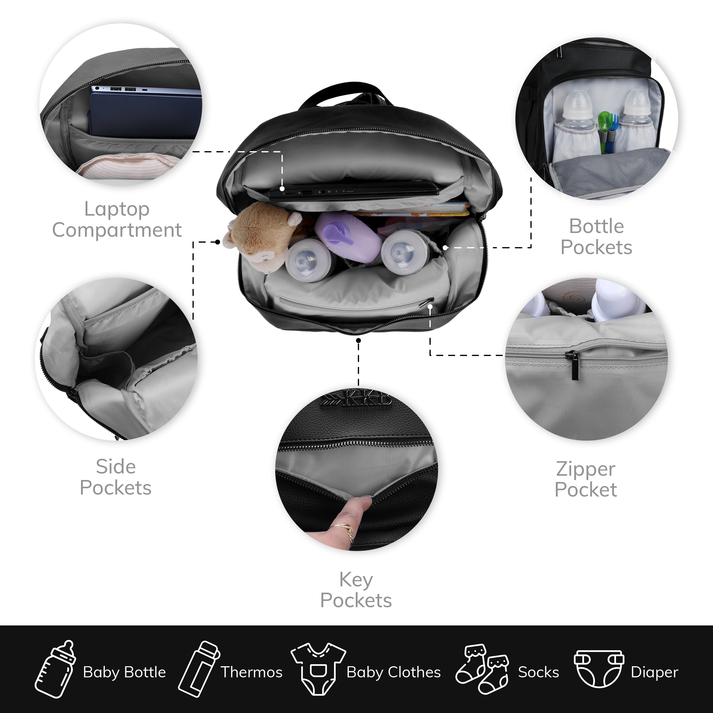 KKB Vegan Leather Diaper Bag Backpack (Blackout)
